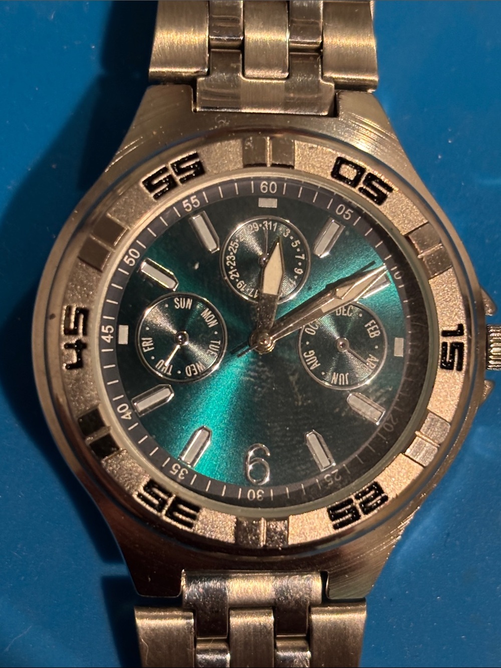 Men's Multi-Function Stainless Steel Watch with Teal Sunburst Dial